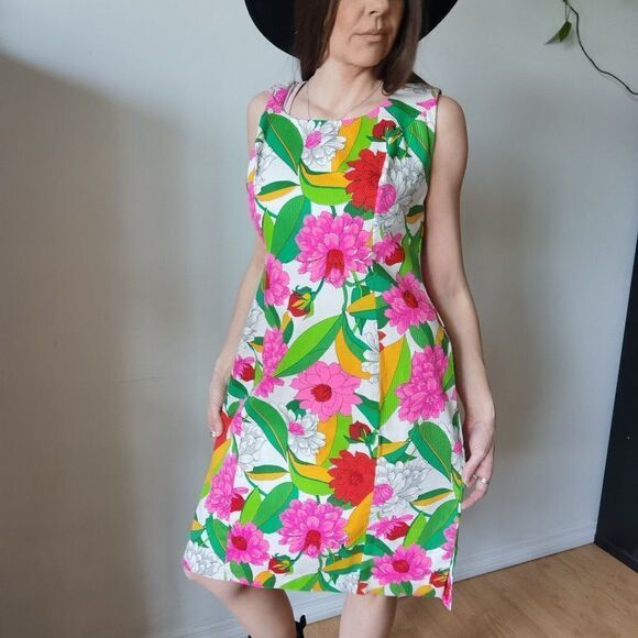 Floral Midi Dress 60s 70s Bark Cloth Bright Spring Vintage - Picture 1 of 9
